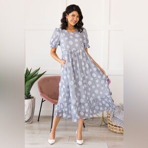 Blue Gingham Floral Midi Dress Size Small Cottagecore Puff Sleeve